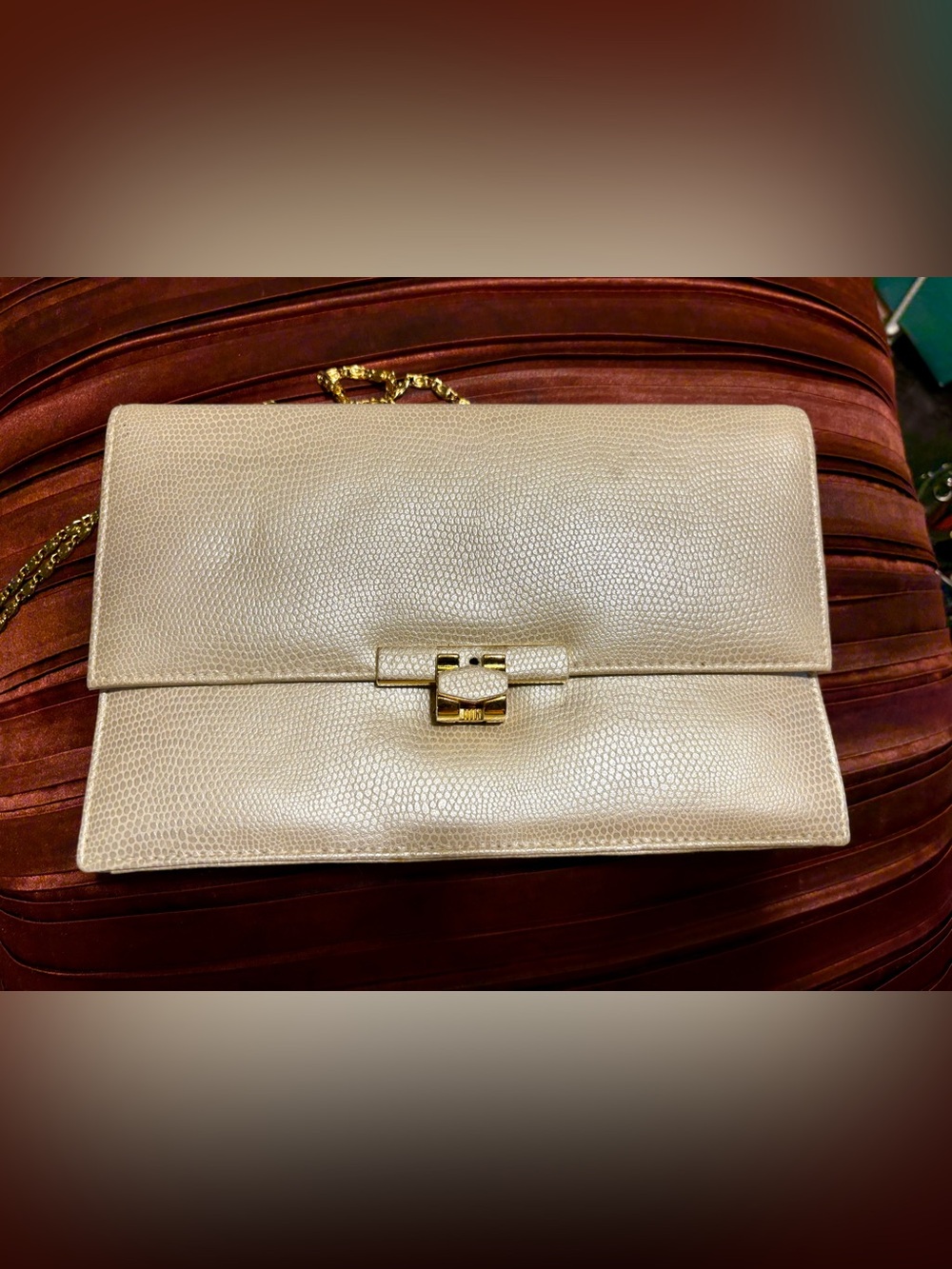 Vintage Stephanie Cream Lizard-Embossed Clutch Gold Chain Evening Bag
